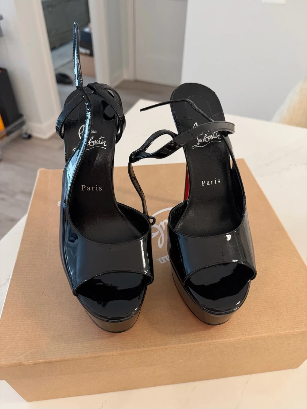 Christian Louboutin Black Patent Platform Slingback Heels with Red Sole
